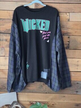 Upcycled WICKED Graphic T-shirt With Plaid Sleeves